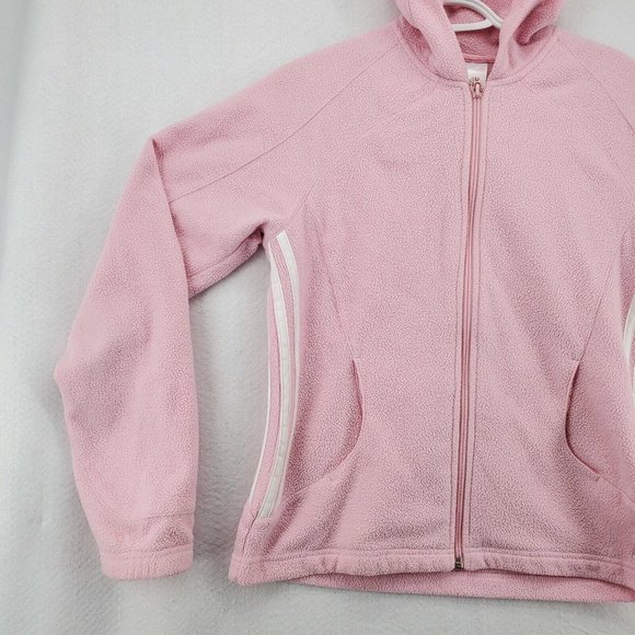 Adidas Shirt Women's L/S Full Zip Hooded Sweatshirt Three Stripe Fleece Pink Sm - Picture 4 of 12